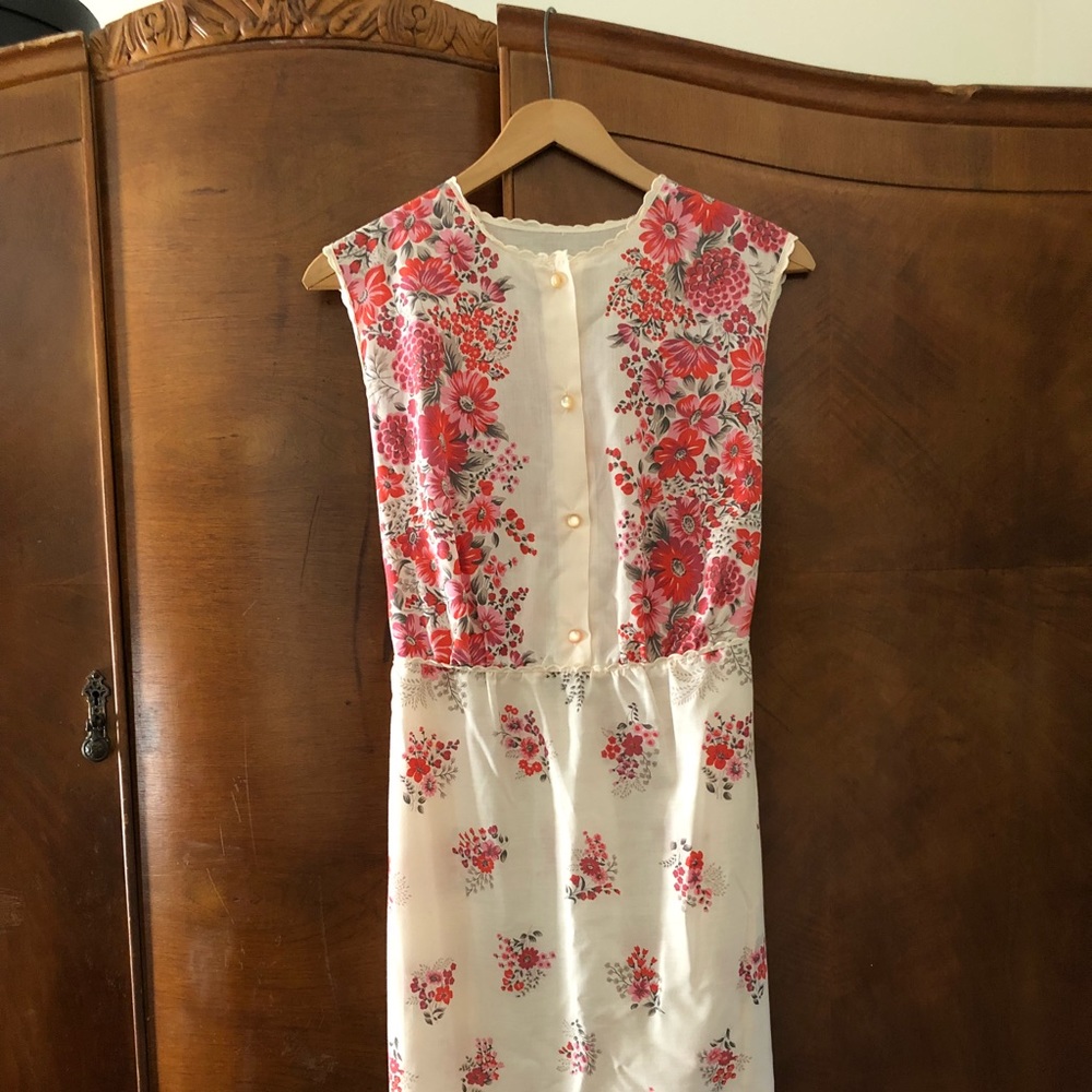Vintage Pink and Cream Border Print Floral Shift M